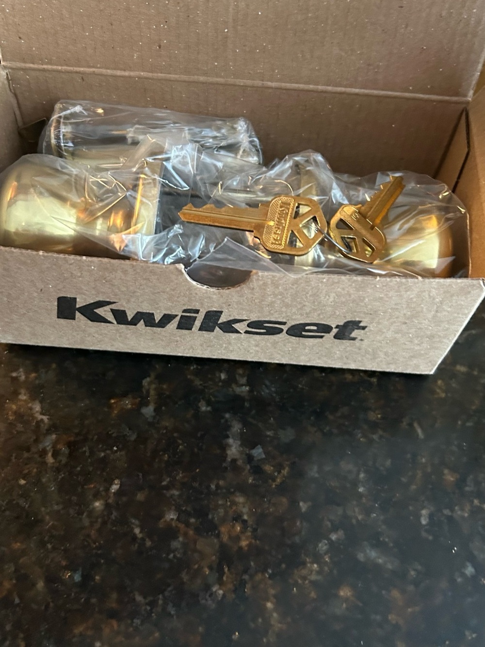 Brushed Brass Door Knob Set - Kwikset Entry with keys